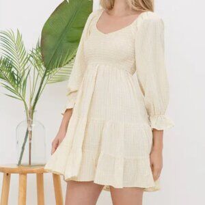 Gingham 3/4 Slv Smocked Mini Dress Beige